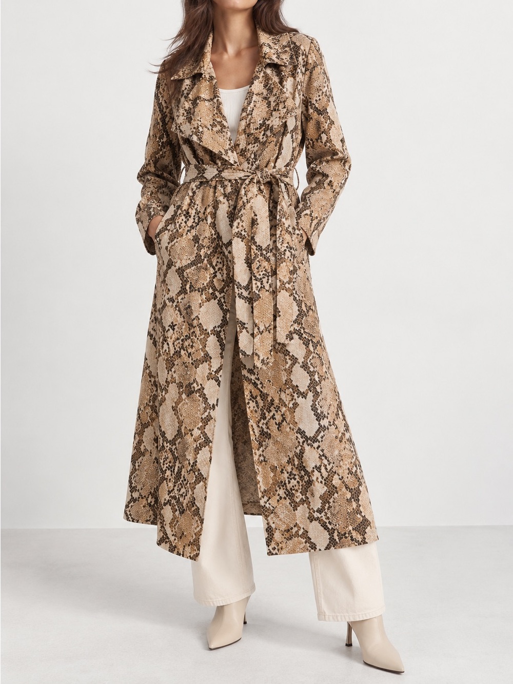 H&M Snake-Print Belted Tie Waist Lightweight Trench Coat